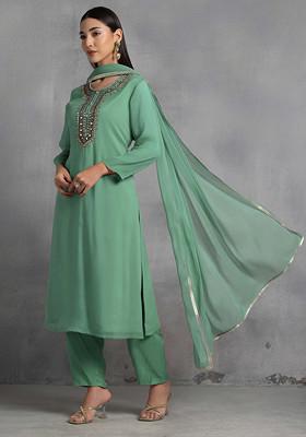 Green Gota Patti Hand Embroidered Kurta Set With Pants And Dupatta