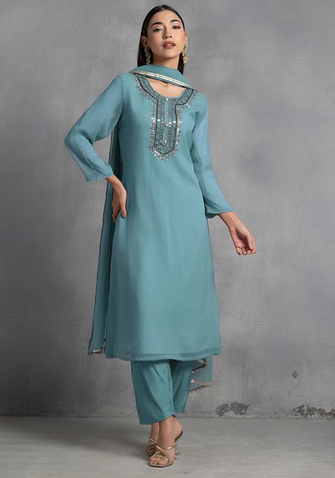 Light Blue Gota Patti Hand Embroidered Kurta Set With Pants And Dupatta