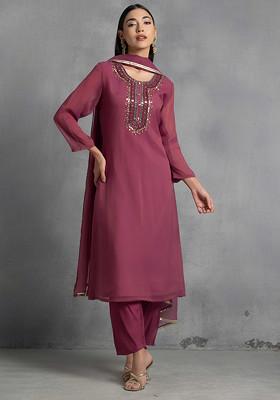 Red Gota Patti Mirror Hand Embroidered Kurta Set With Pants And Dupatta