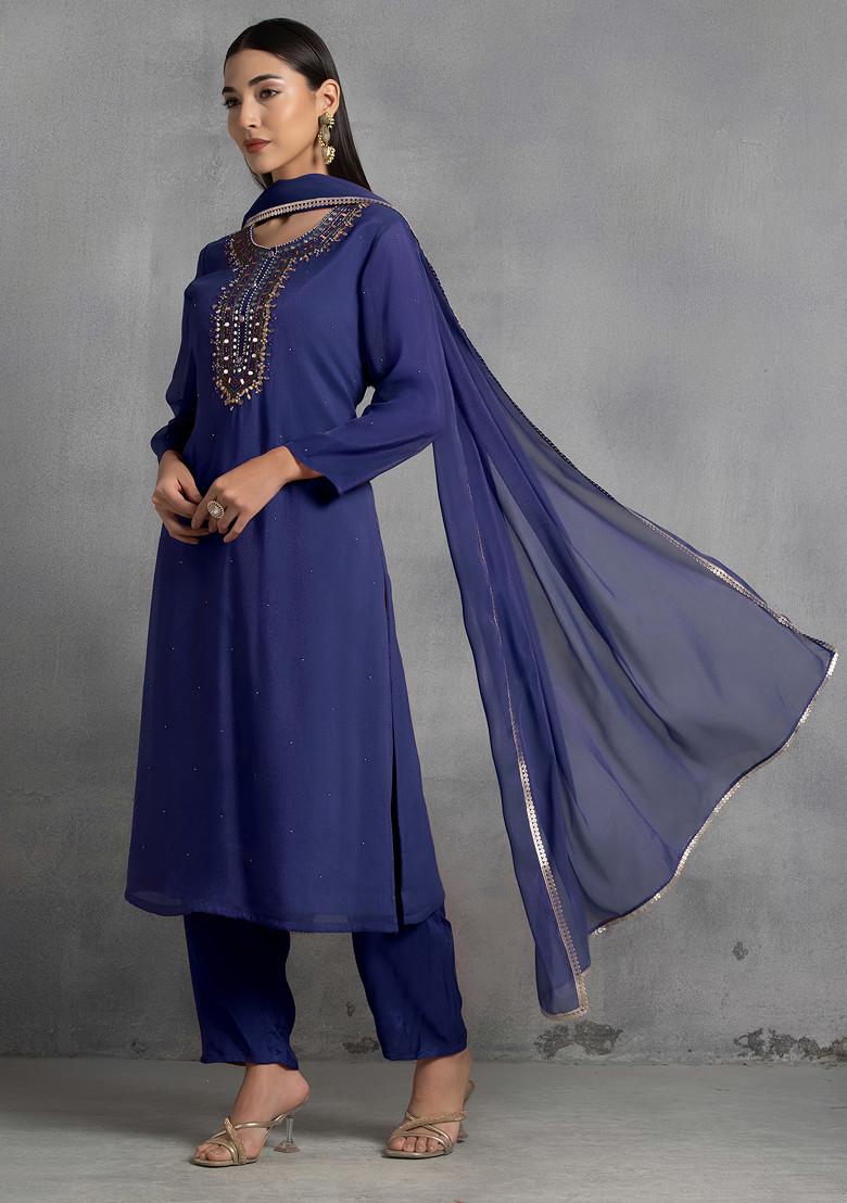 Blue Gota Patti Hand Embroidered Kurta Set With Pants And Dupatta