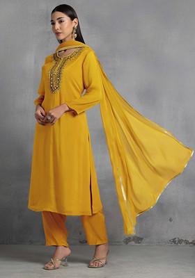 Mustard Gota Patti Hand Embroidered Kurta Set With Pants And Dupatta