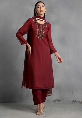 Maroon Gota Patti Hand Embroidered Kurta Set With Pants And Dupatta