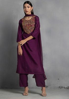 Purple Floral Zardozi Hand Embroidered Kurta Set With Pants And Dupatta