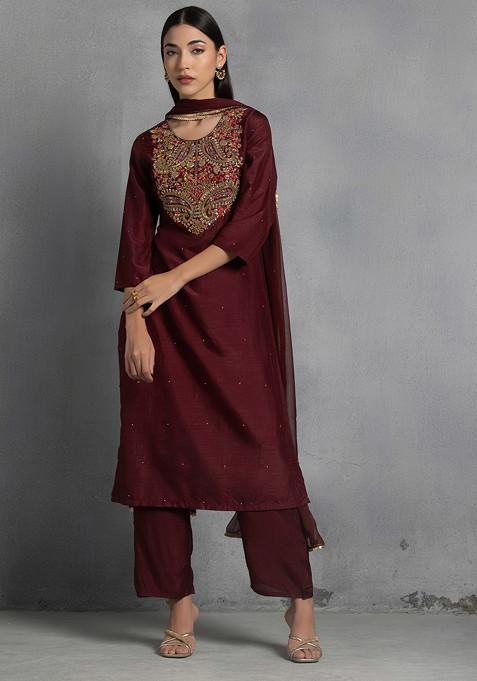 Red Floral Zardozi Hand Embroidered Kurta Set With Pants And Dupatta