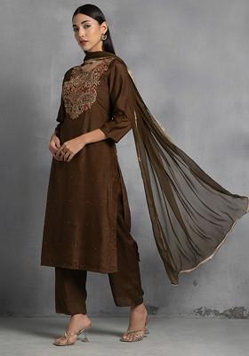 Brown Floral Zardozi Hand Embroidered Kurta Set With Pants And Dupatta