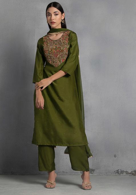 Olive Floral Zardozi Hand Embroidered Kurta Set With Pants And Dupatta