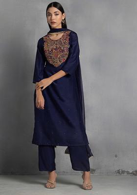 Blue Floral Zardozi Hand Embroidered Kurta Set With Pants And Dupatta