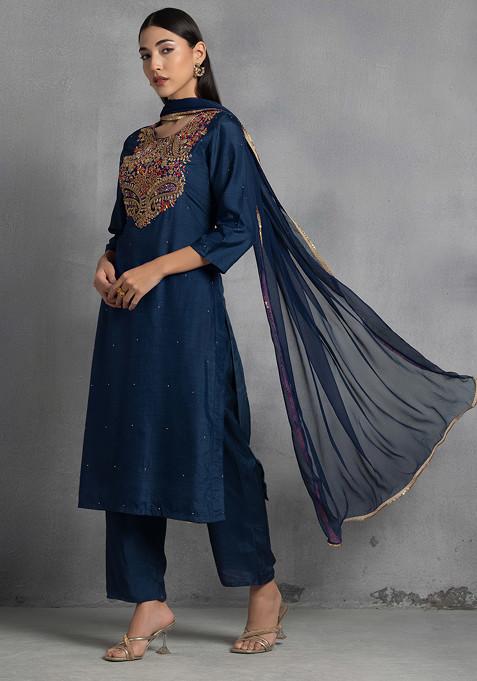 Teal Blue Floral Zardozi Hand Embroidered Kurta Set With Pants And Dupatta