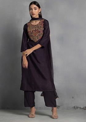 Dark Brown Floral Zardozi Hand Embroidered Kurta Set With Pants And Dupatta