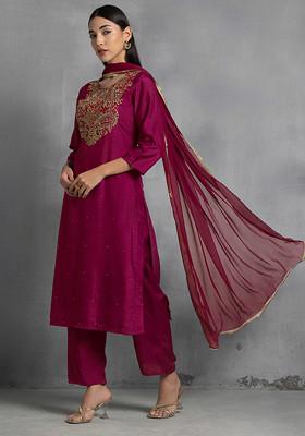 Dark Pink Floral Zardozi Hand Embroidered Kurta Set With Pants And Dupatta
