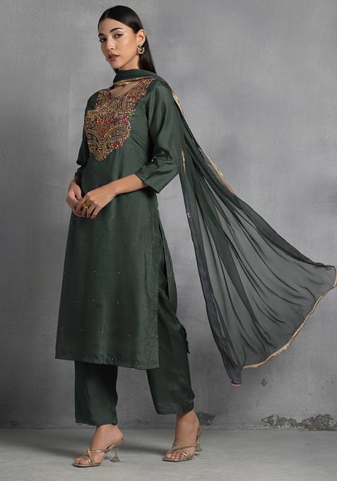 Olive Green Floral Zardozi Hand Embroidered Kurta Set With Pants And Dupatta