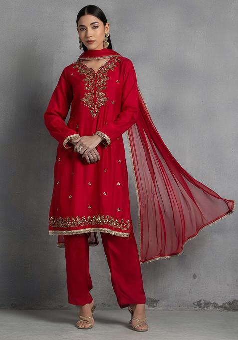 Red Zari Gota Patti Hand Embroidered Kurta Set With Pants And Dupatta