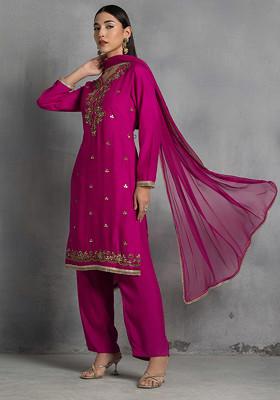 Hot Pink Zari Gota Patti Hand Embroidered Kurta Set With Pants And Dupatta