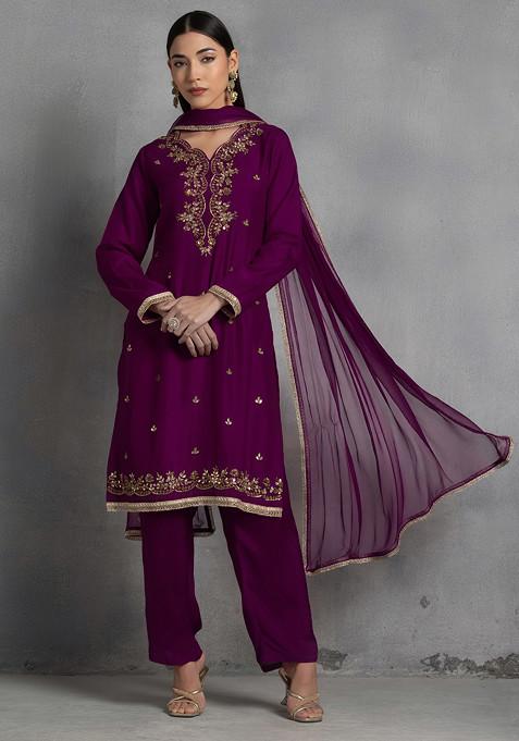 Purple Zari Gota Patti Hand Embroidered Kurta Set With Pants And Dupatta