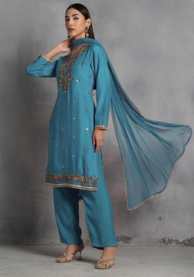 Light Blue Zari Gota Patti Hand Embroidered Kurta Set With Pants And Dupatta