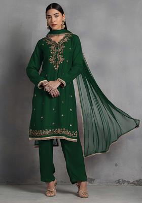 Dark Green Zari Gota Patti Hand Embroidered Kurta Set With Pants And Dupatta