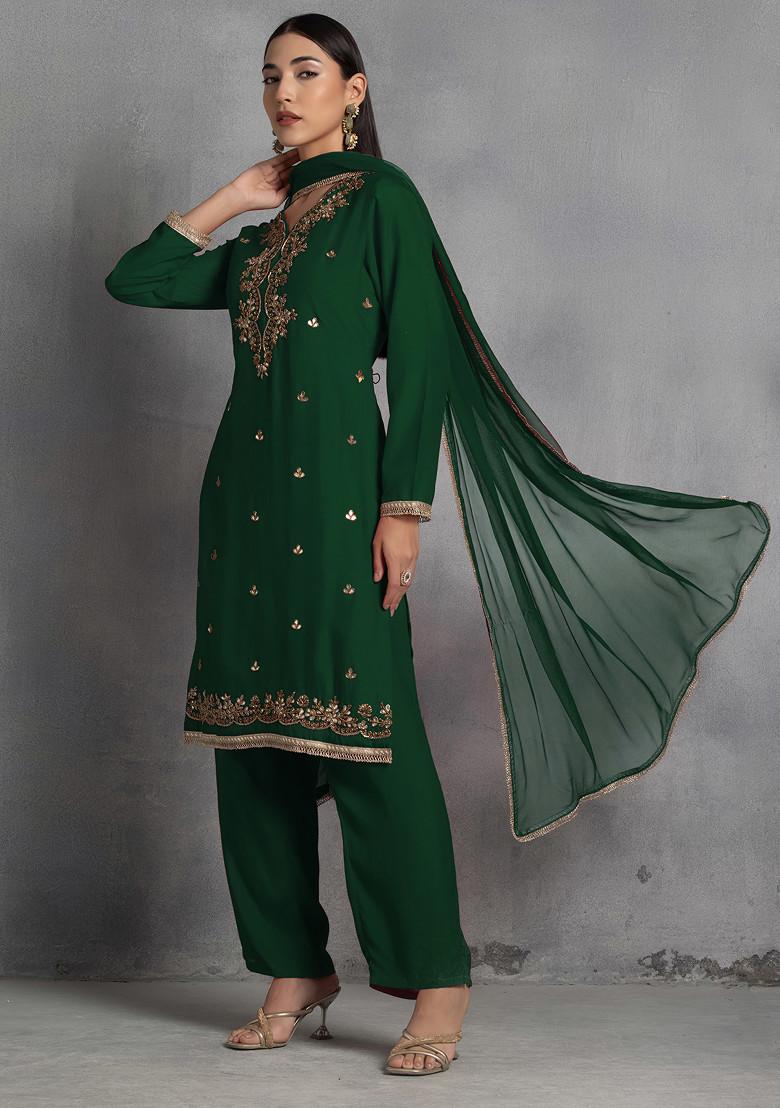 Dark Green Zari Gota Patti Hand Embroidered Kurta Set With Pants And Dupatta