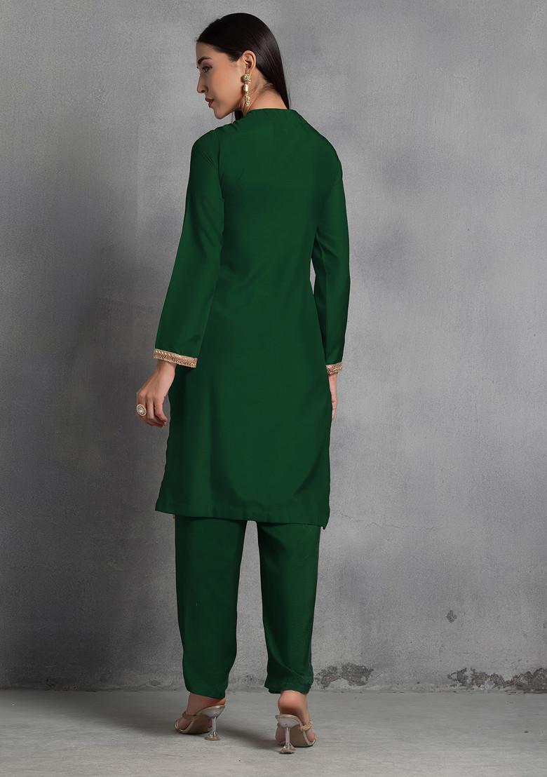 Dark Green Zari Gota Patti Hand Embroidered Kurta Set With Pants And Dupatta