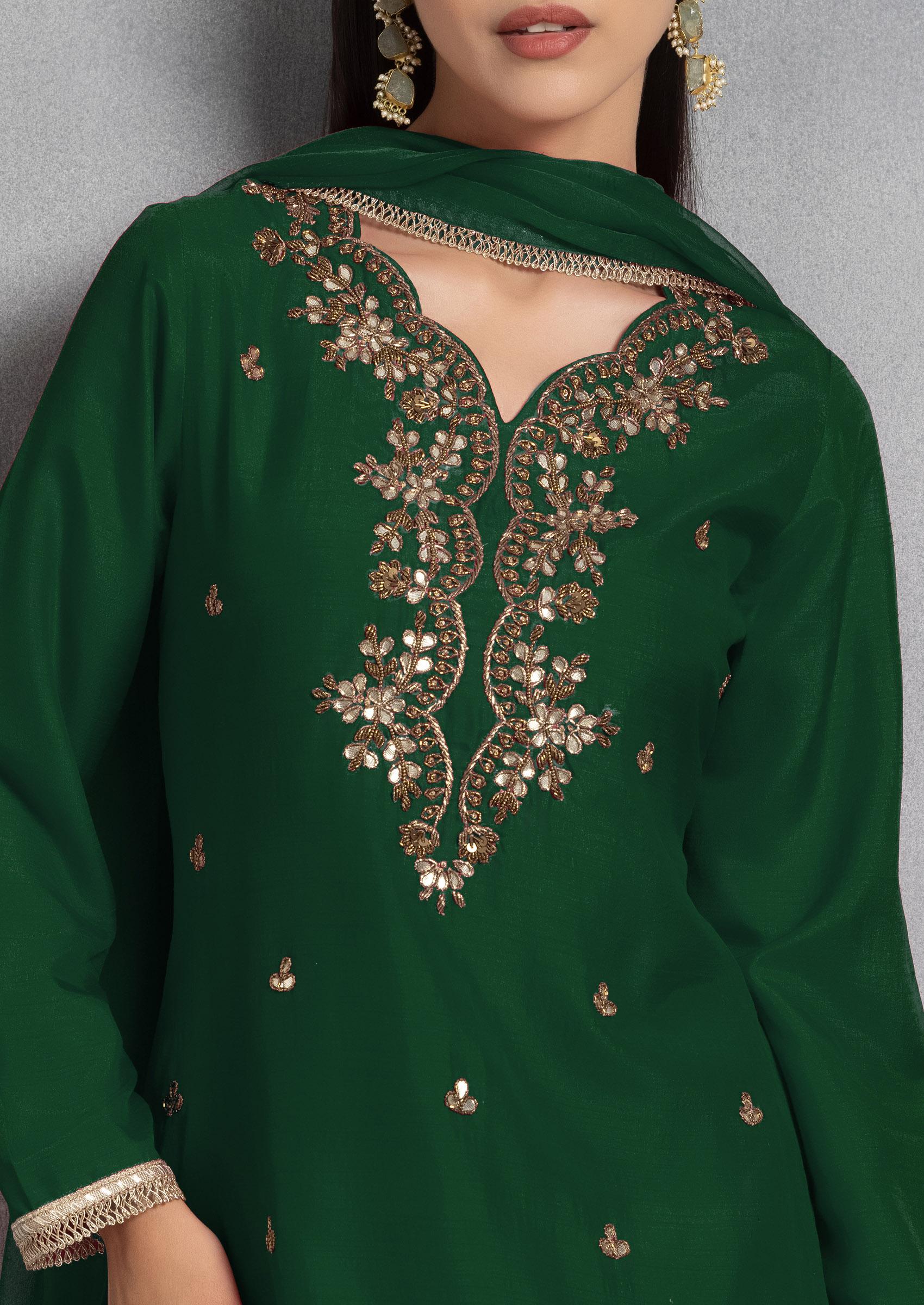 Ishin Women's Green & Pink Embroidered Gotta Patti Kurta Sharara Dupatta Set - 2XL, Ready To Wear - View #9