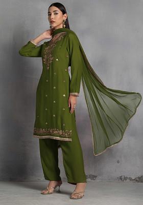 Olive Green Zari Gota Patti Hand Embroidered Kurta Set With Pants And Dupatta