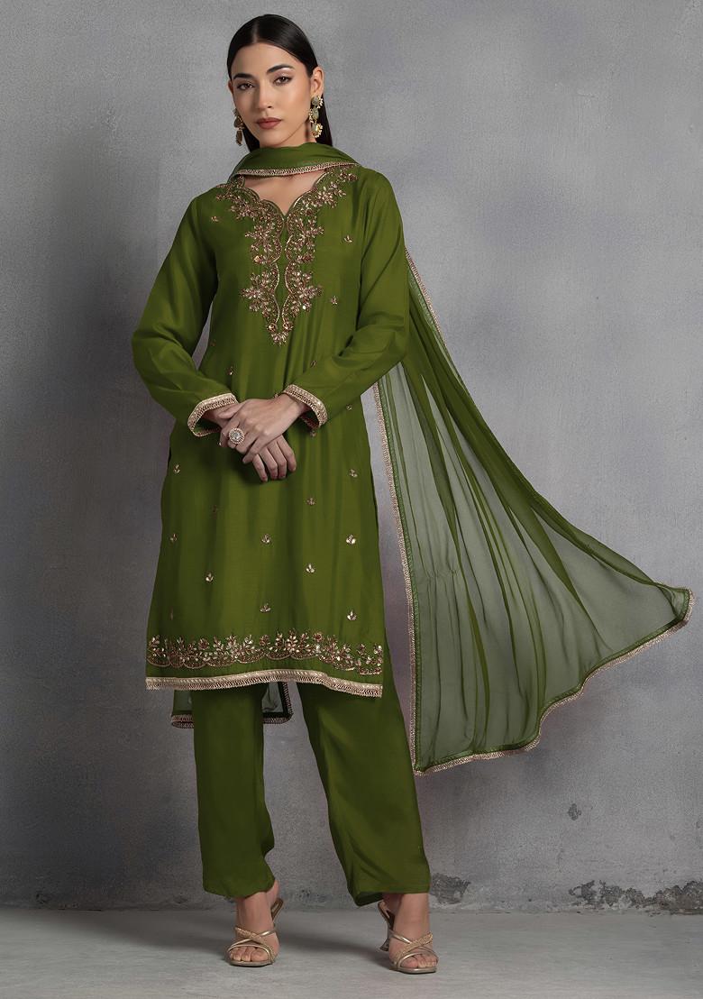 Olive Green Zari Gota Patti Hand Embroidered Kurta Set With Pants And Dupatta