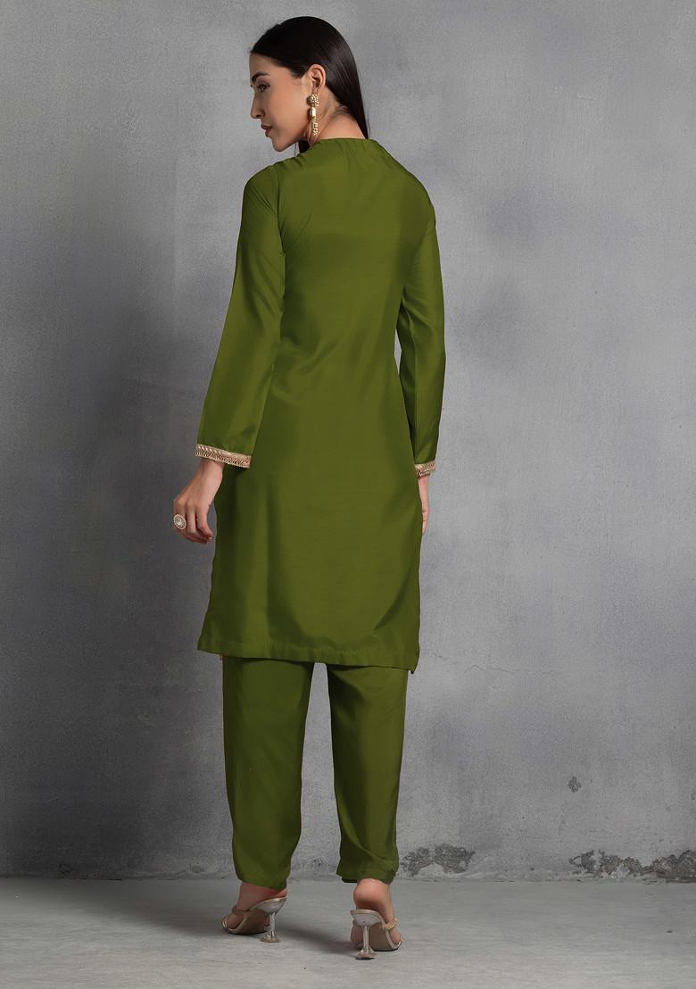 Olive Green Zari Gota Patti Hand Embroidered Kurta Set With Pants And Dupatta