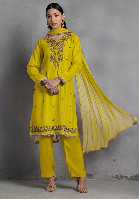 Yellow Zari Gota Patti Hand Embroidered Kurta Set With Pants And Dupatta
