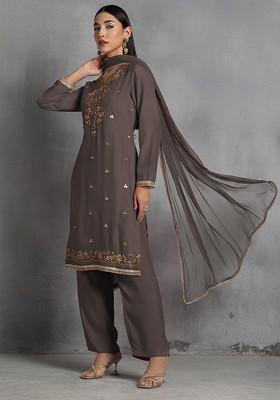 Brown Zari Gota Patti Hand Embroidered Kurta Set With Pants And Dupatta