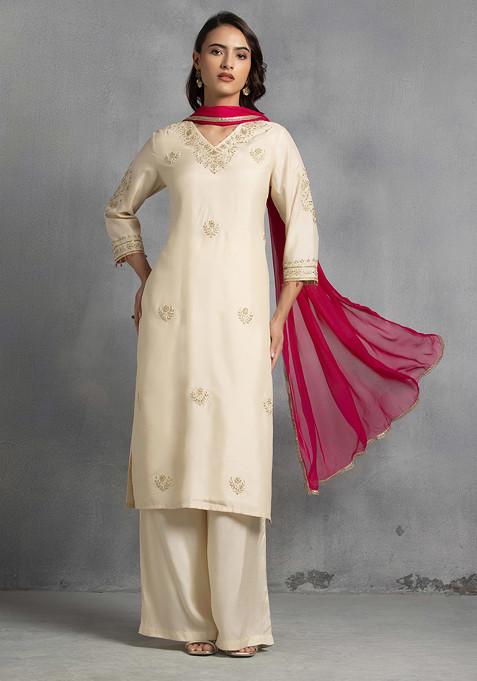 Ivory Hand Embroidered Kurta Set With Pants And Pink Dupatta