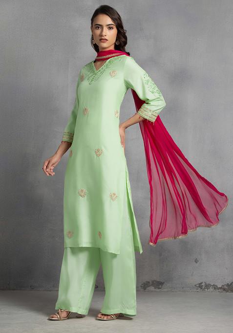 Light Green Hand Embroidered Kurta Set With Pants And Pink Dupatta
