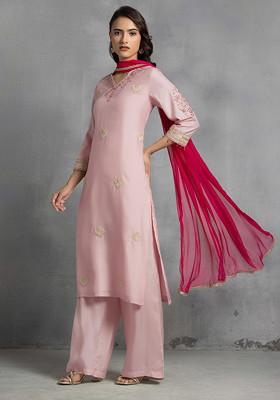 Light Pink Hand Embroidered Kurta Set With Pants And Pink Dupatta