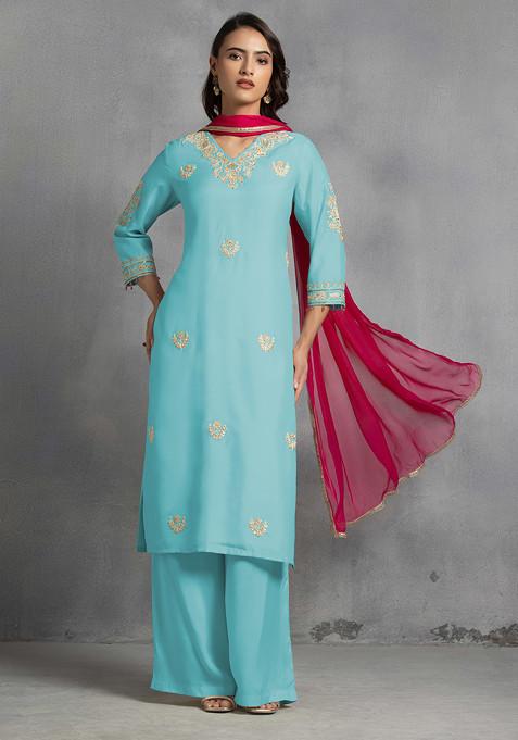 Blue Hand Embroidered Kurta Set With Pants And Pink Dupatta