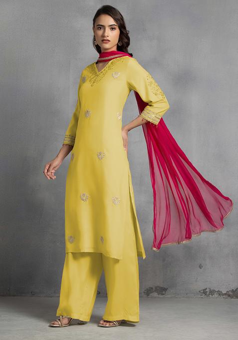 Yellow Hand Embroidered Kurta Set With Pants And Pink Dupatta