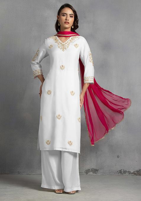 White Hand Embroidered Kurta Set With Pants And Pink Dupatta