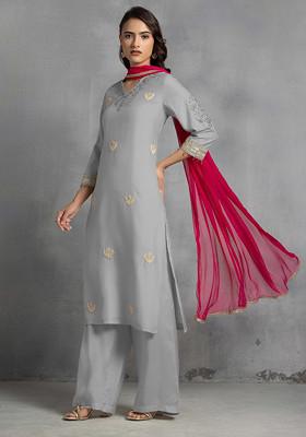 Grey Hand Embroidered Kurta Set With Pants And Pink Dupatta