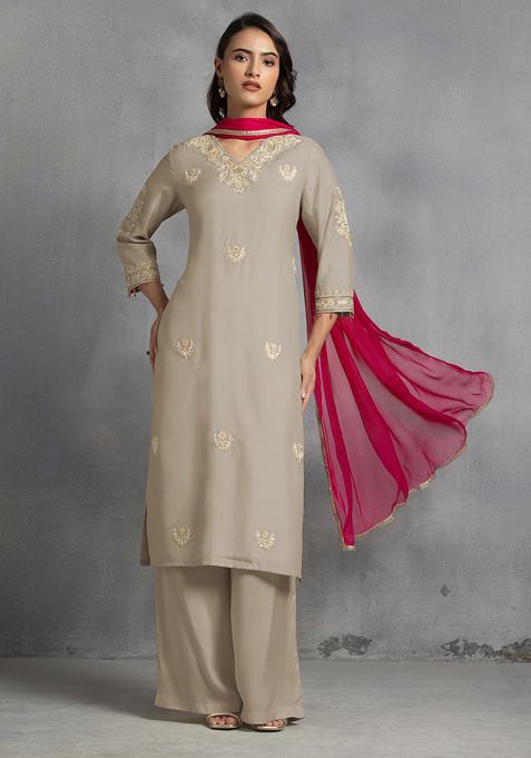 Brown Hand Embroidered Kurta Set With Pants And Pink Dupatta