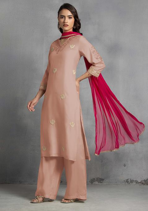 Beige Hand Embroidered Kurta Set With Pants And Pink Dupatta