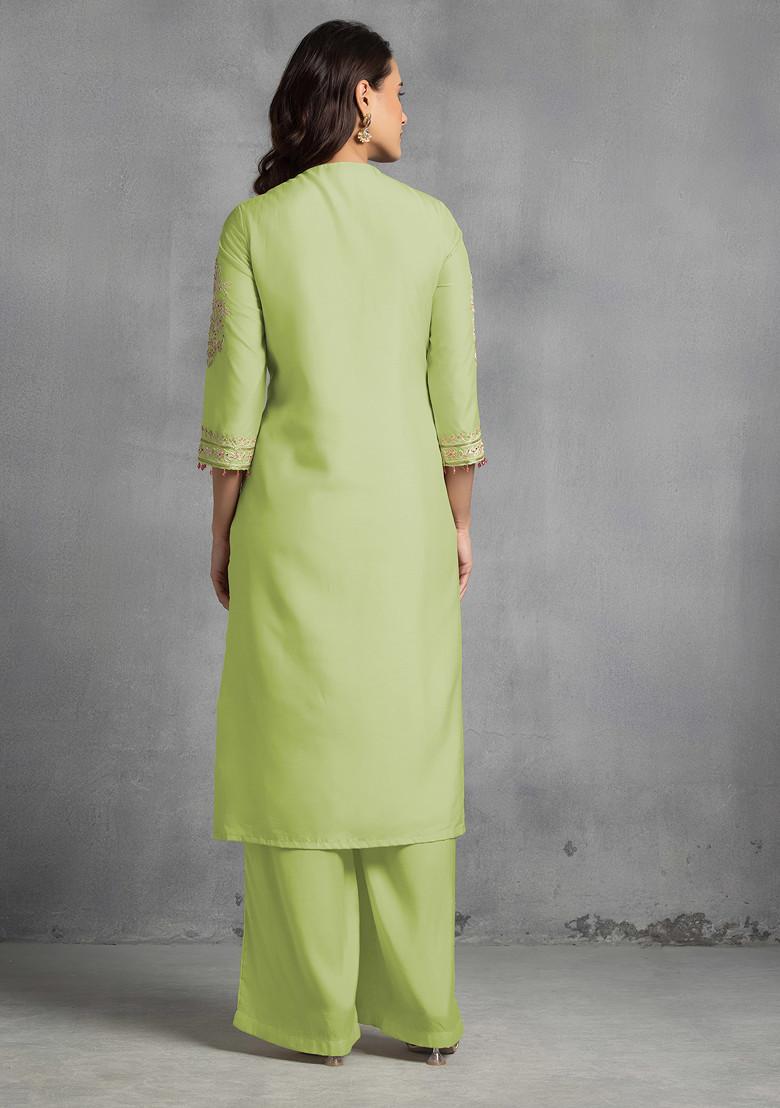 Light Olive Hand Embroidered Kurta Set With Pants And Pink Dupatta