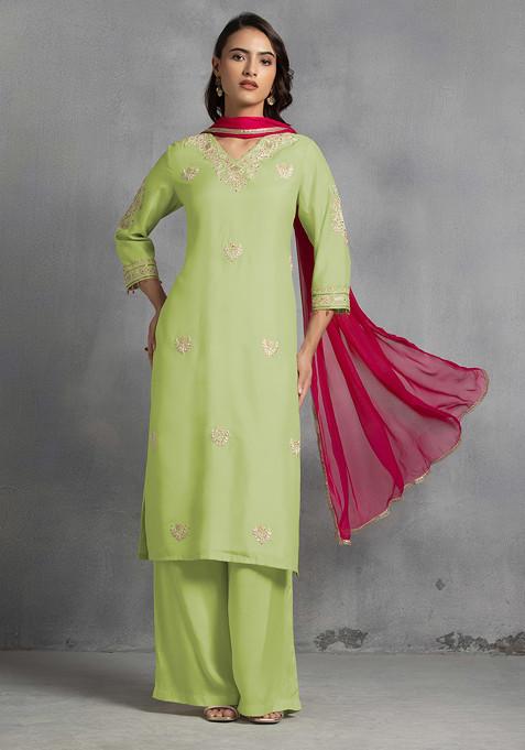 Light Olive Hand Embroidered Kurta Set With Pants And Pink Dupatta