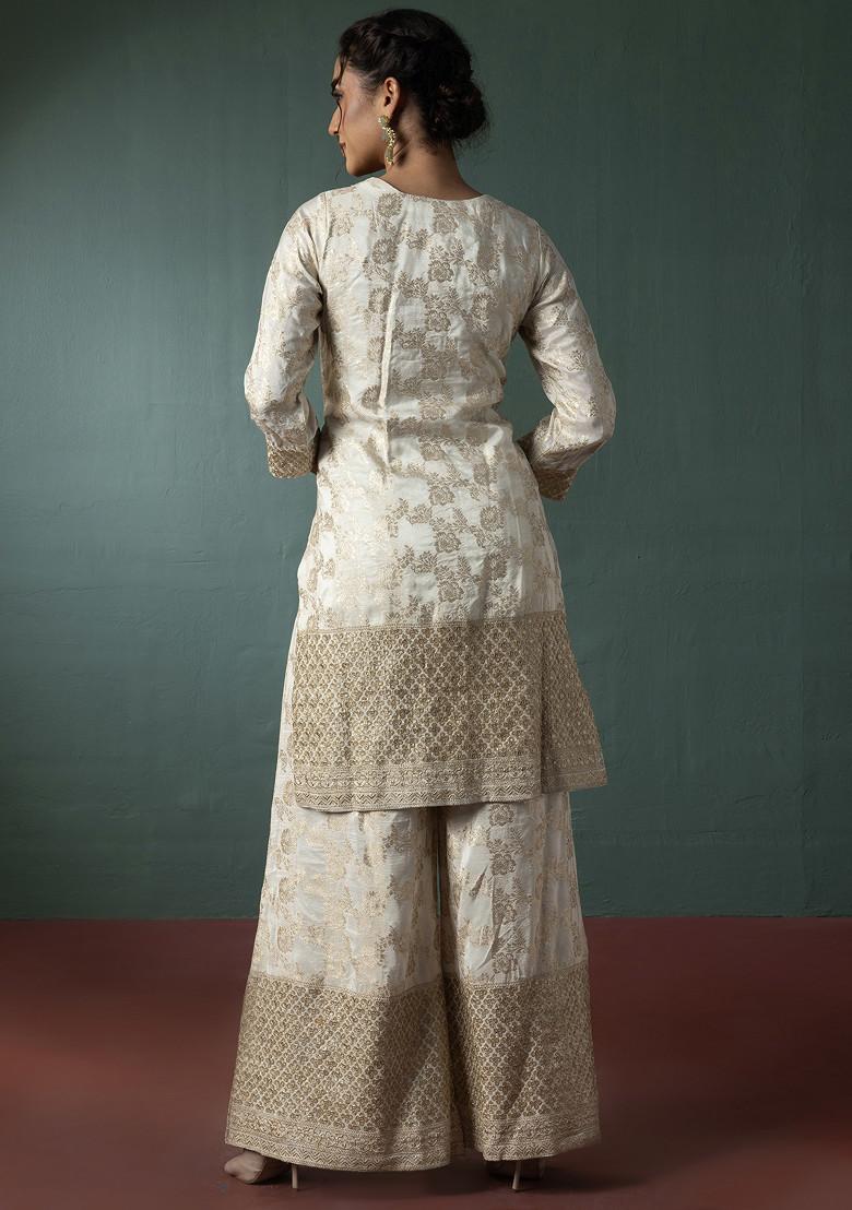 Cream Sharara Set With Floral Zari Embellished Kurta And Dupatta