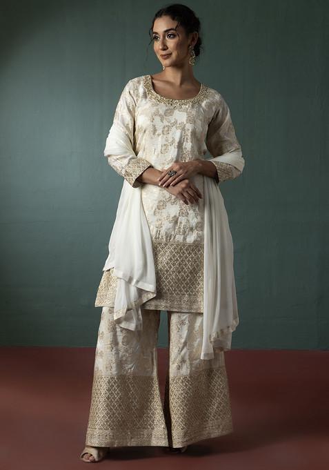 Cream Sharara Set With Floral Zari Embellished Kurta And Dupatta