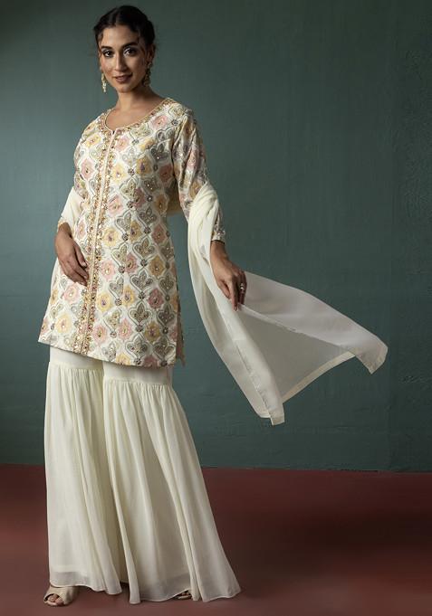 White Sharara Set With Floral Zari Embellished Kurta And Dupatta