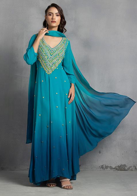 Turquoise Thread Pearl Hand Embroidered Ombre Kurta Set With Pants And Dupatta