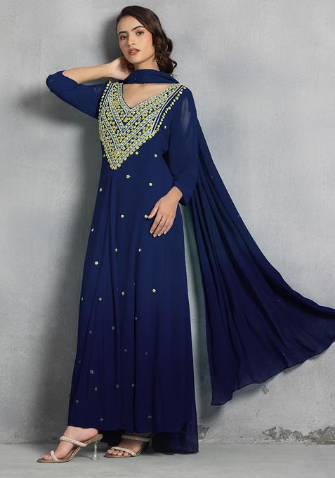 Navy Blue Thread Pearl Hand Embroidered Ombre Kurta Set With Pants And Dupatta