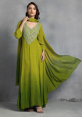 Green Thread Pearl Hand Embroidered Ombre Kurta Set With Pants And Dupatta