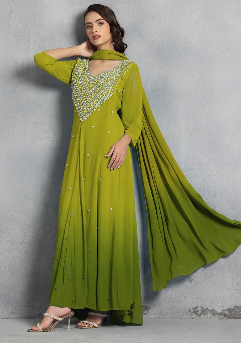 Green Thread Pearl Hand Embroidered Ombre Kurta Set With Pants And Dupatta