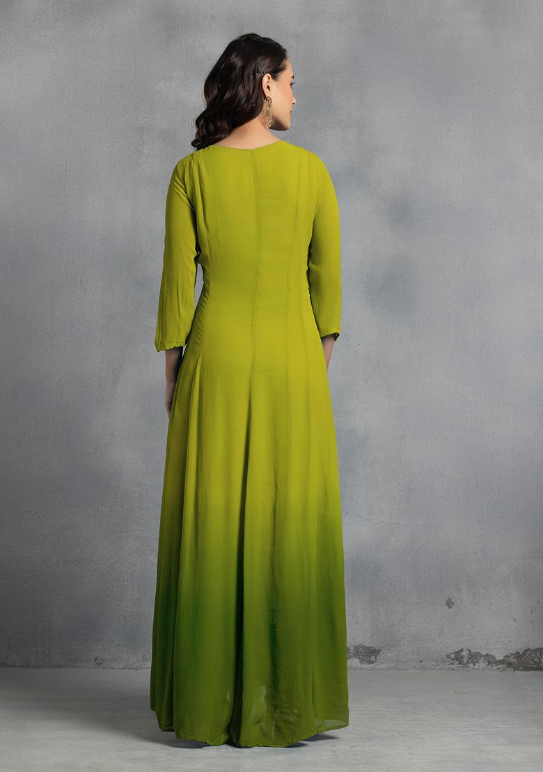 Green Thread Pearl Hand Embroidered Ombre Kurta Set With Pants And Dupatta