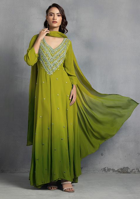 Green Thread Pearl Hand Embroidered Ombre Kurta Set With Pants And Dupatta