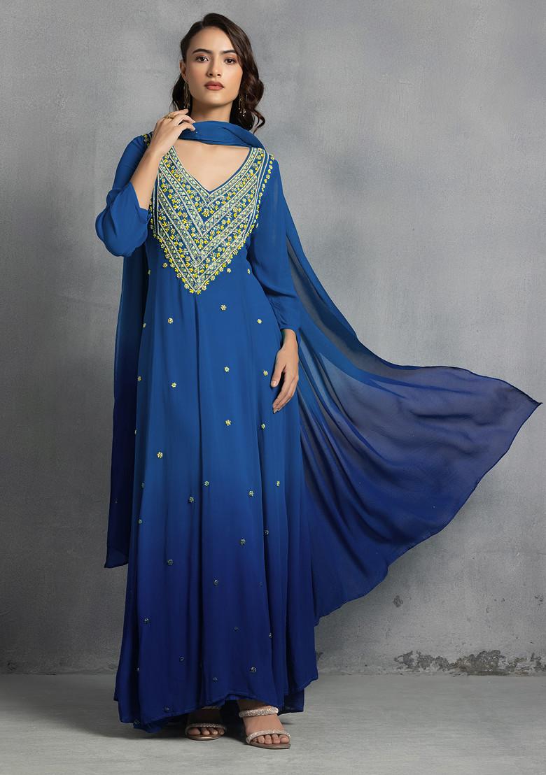 Blue Thread Pearl Hand Embroidered Ombre Kurta Set With Pants And Dupatta