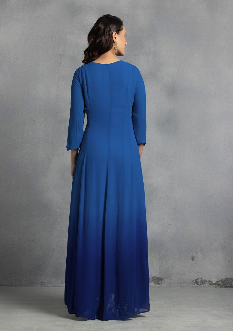 Blue Thread Pearl Hand Embroidered Ombre Kurta Set With Pants And Dupatta